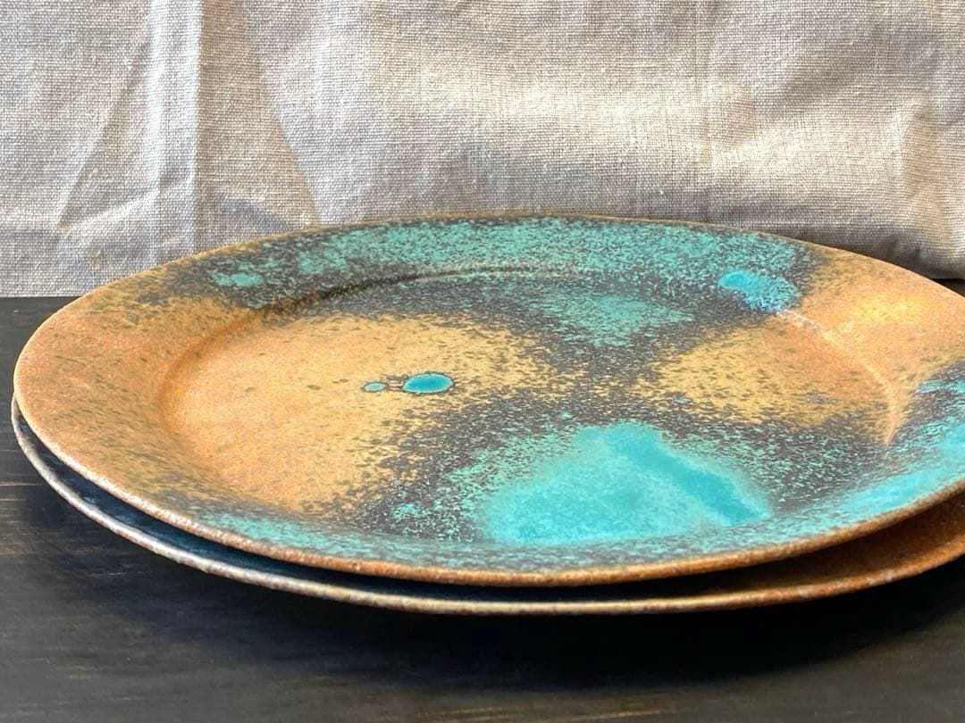 藤本洋子　Aオレンジターコイズブルー　大皿　作家もの　手びねり　プレート　貴重