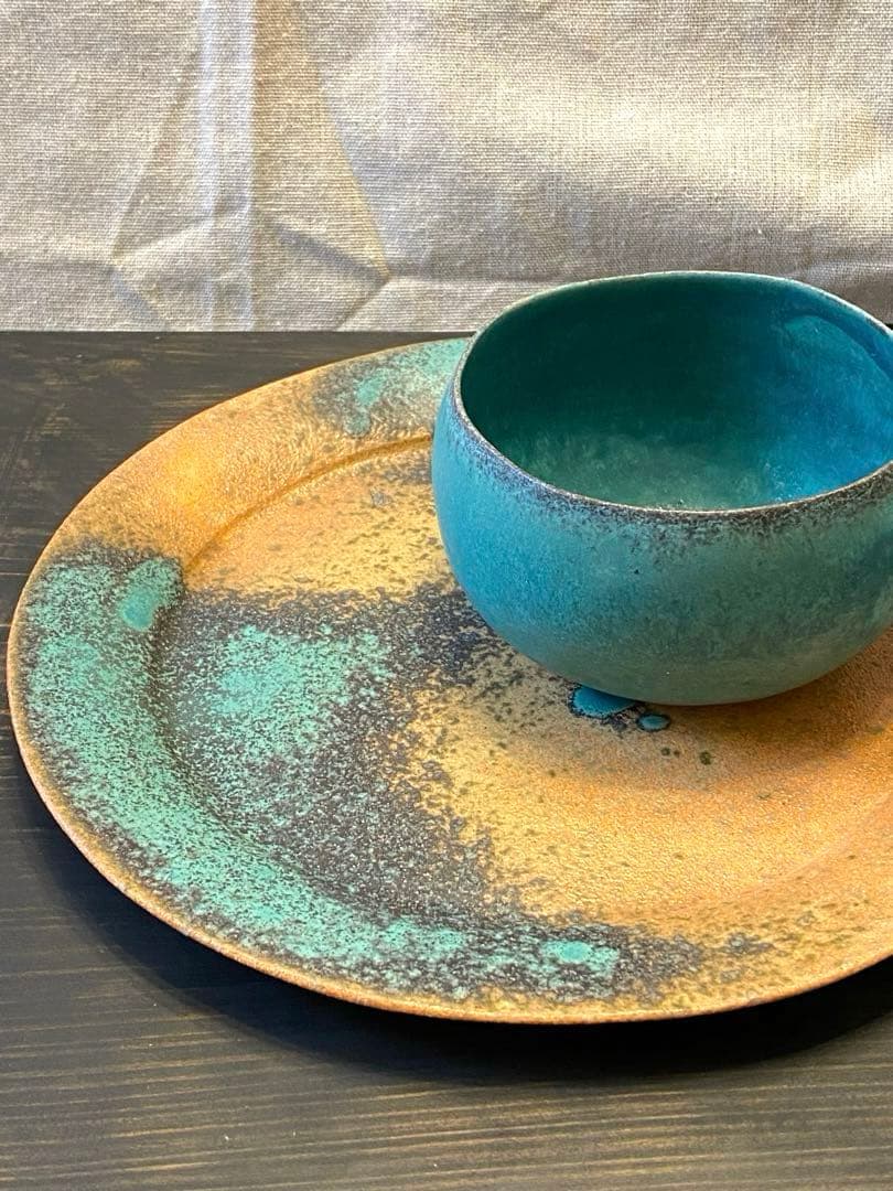 藤本洋子　Aオレンジターコイズブルー　大皿　作家もの　手びねり　プレート　貴重