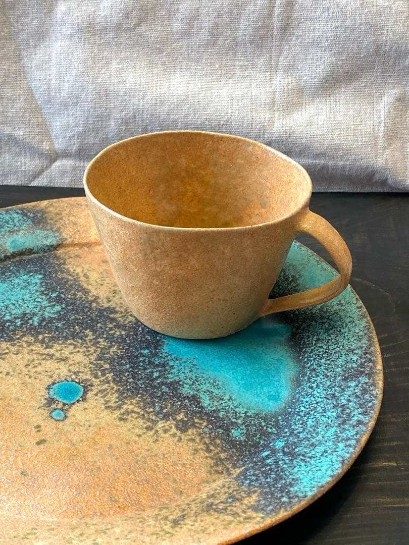 藤本洋子　Aオレンジターコイズブルー　大皿　作家もの　手びねり　プレート　貴重