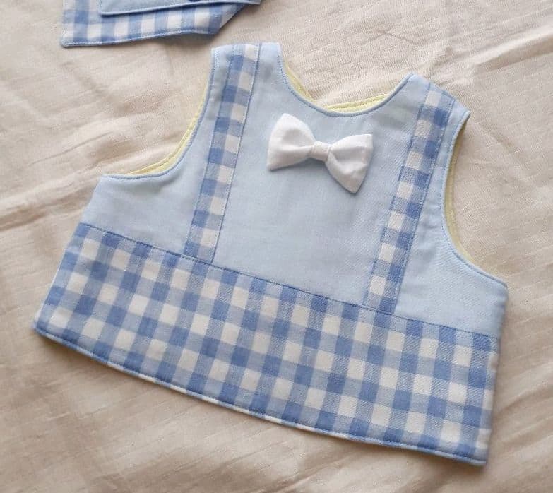 送料無料！チェックのベストスタイ(ベージュ)&お好みリボン
