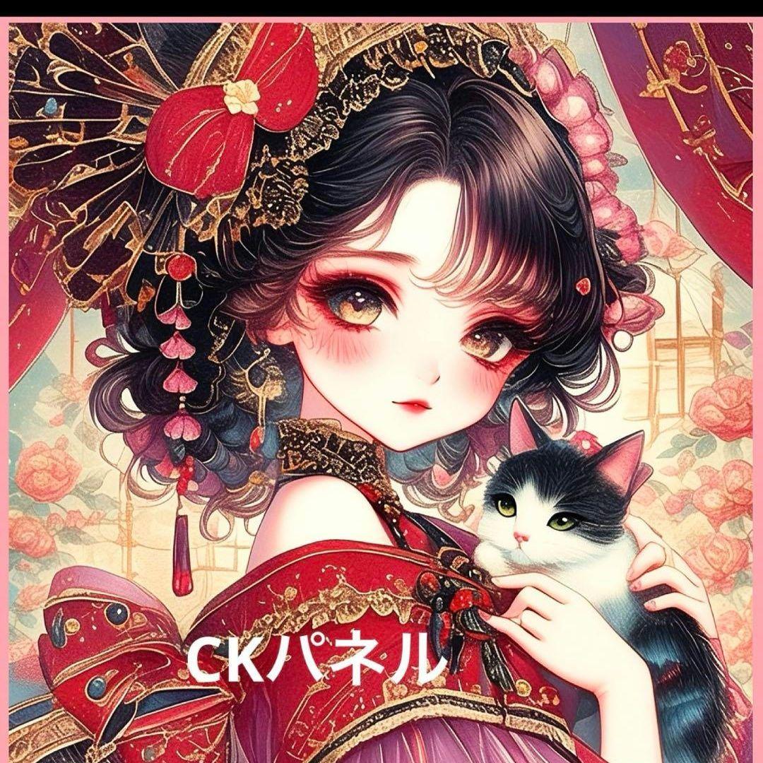 激レア着物を着た女の子とねこパネル生地　ハンドメイド