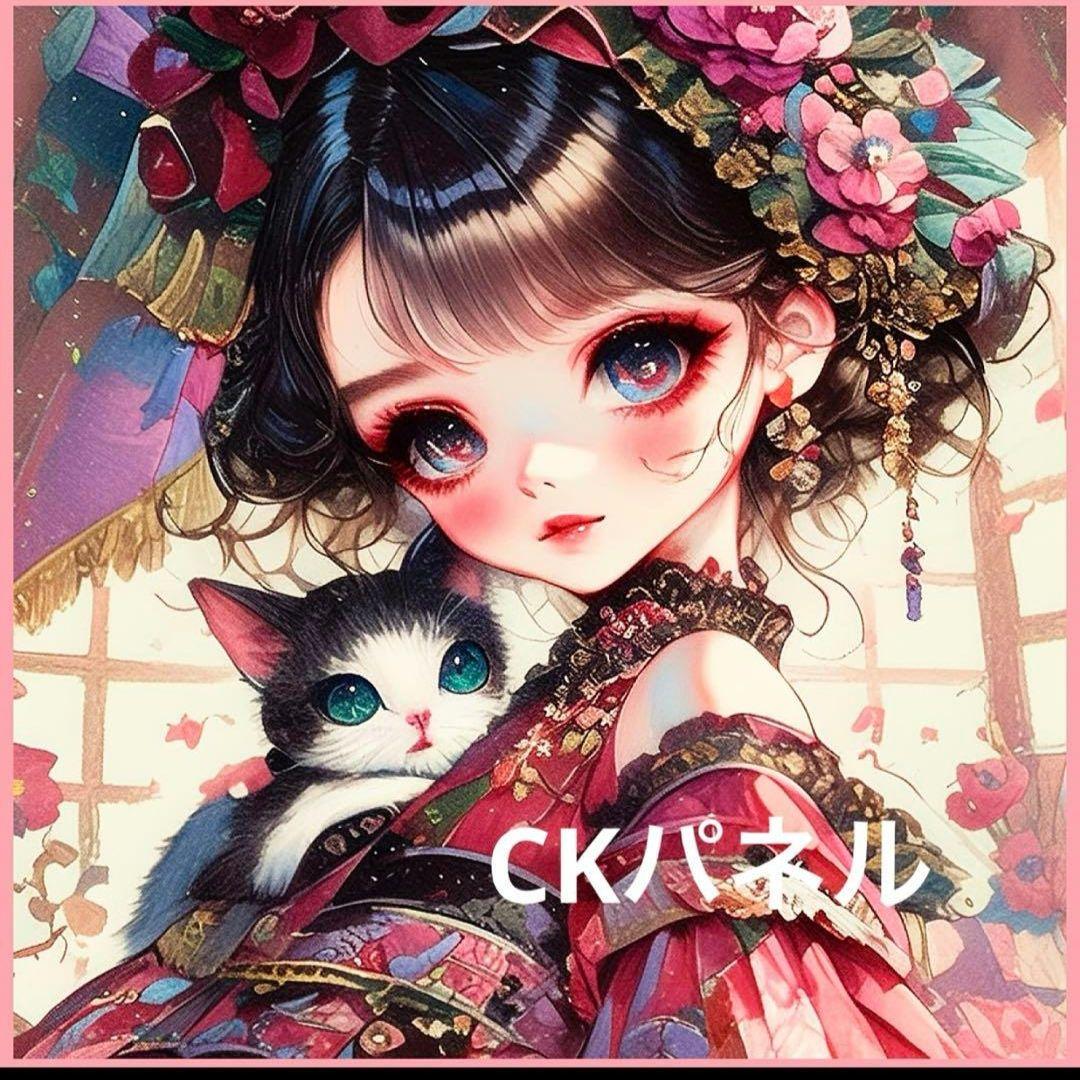 激レア着物を着た女の子とねこパネル生地　ハンドメイド