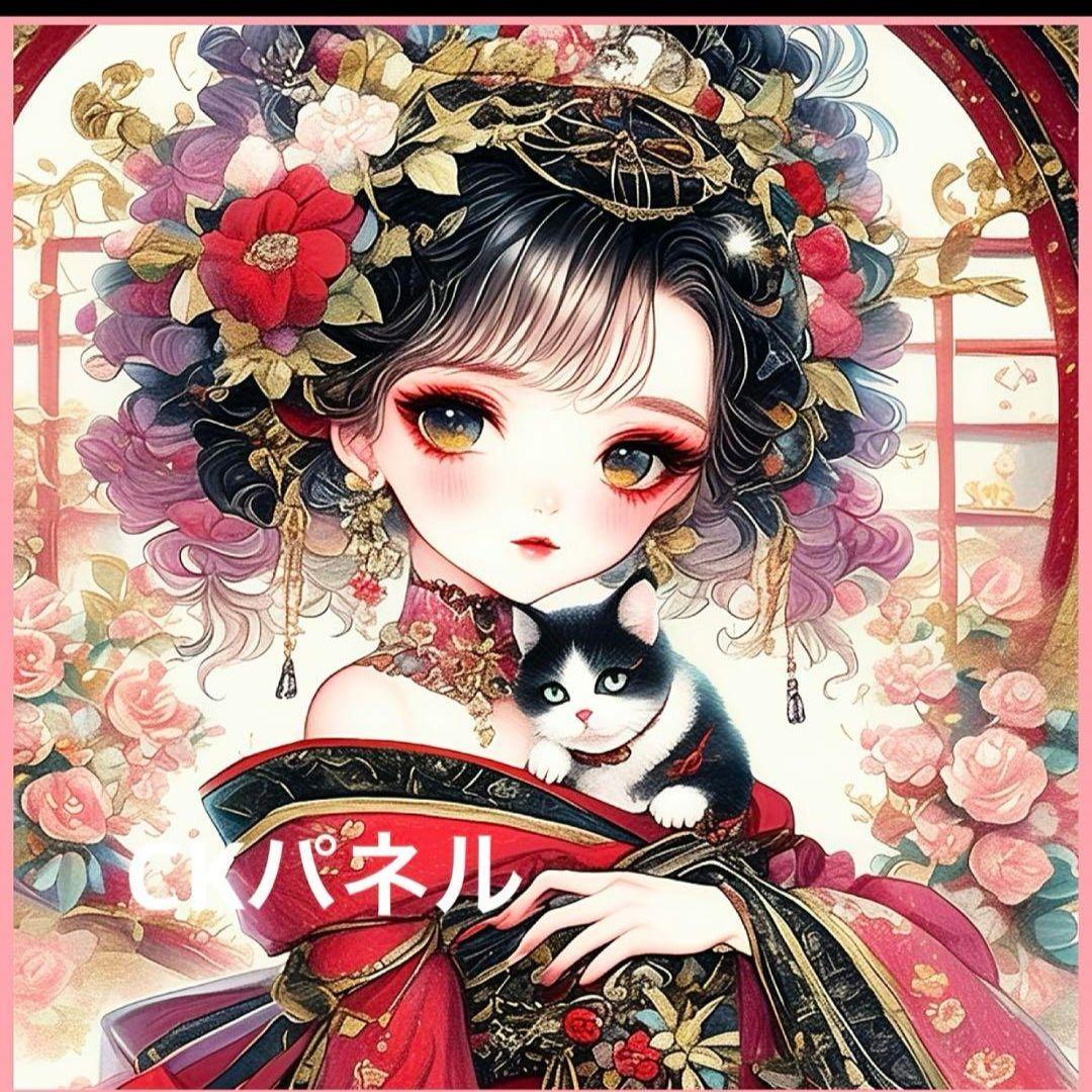 激レア着物を着た女の子とねこパネル生地　ハンドメイド