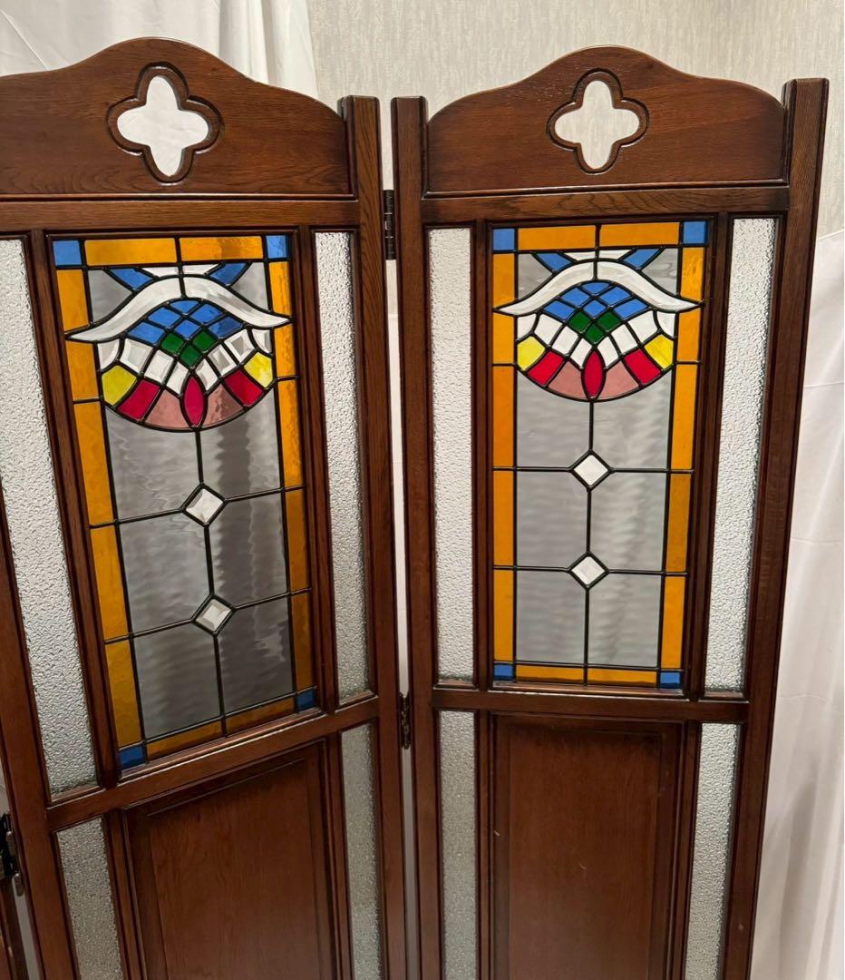 木製　ステンドグラス　パーテーション アンティーク　3連