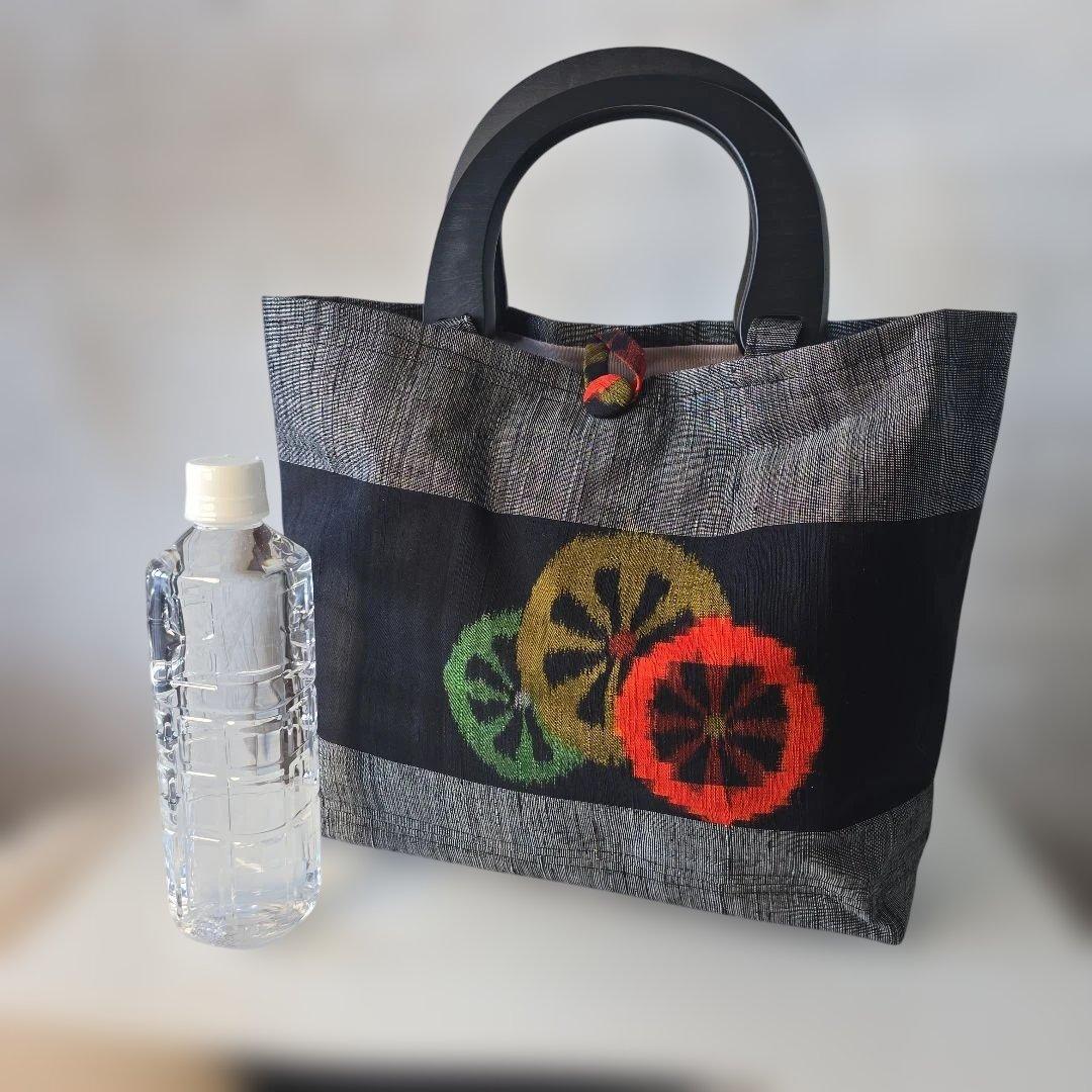 正絹名古屋帯リメイク 持ち手ウッド バッグ㊾