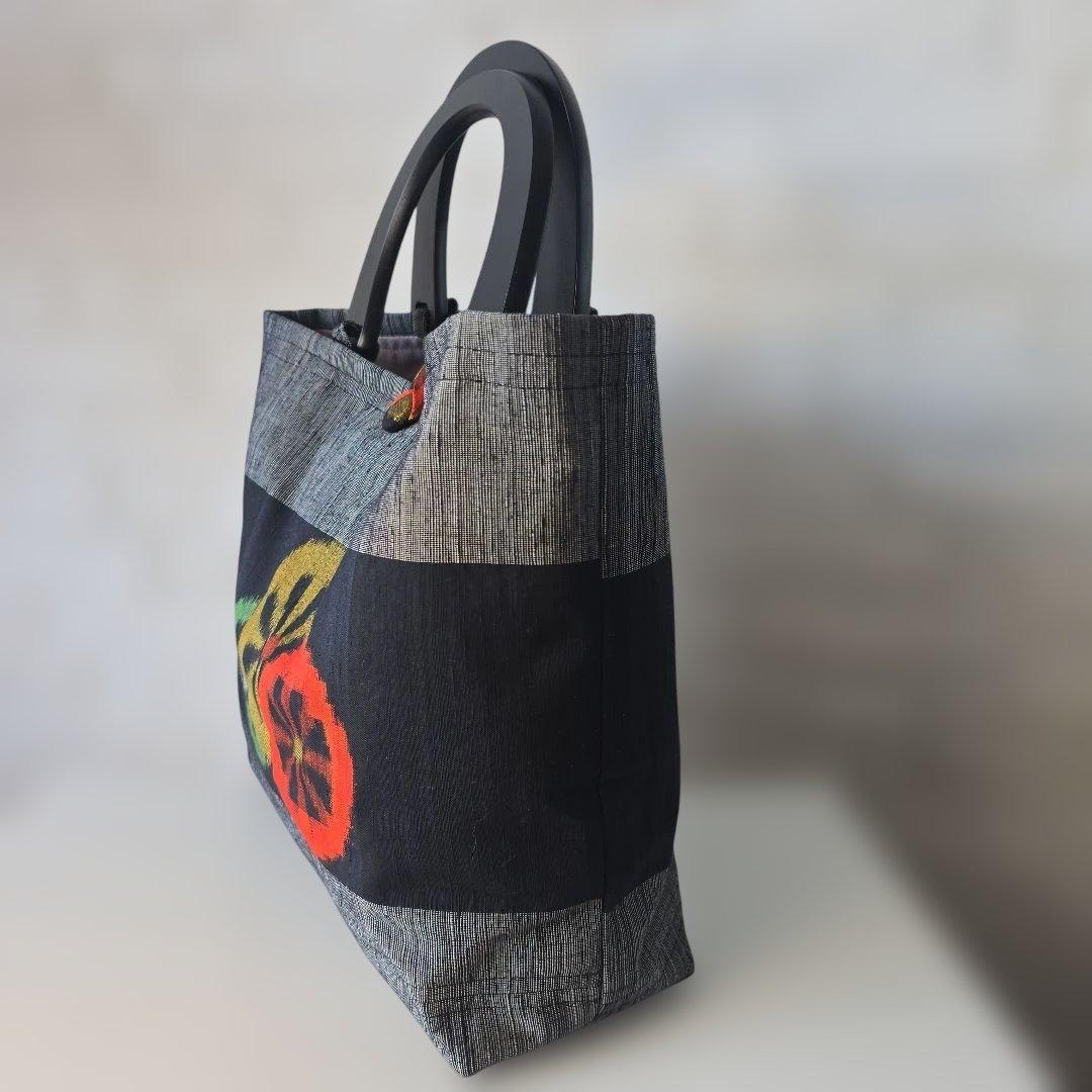 正絹名古屋帯リメイク 持ち手ウッド バッグ㊾