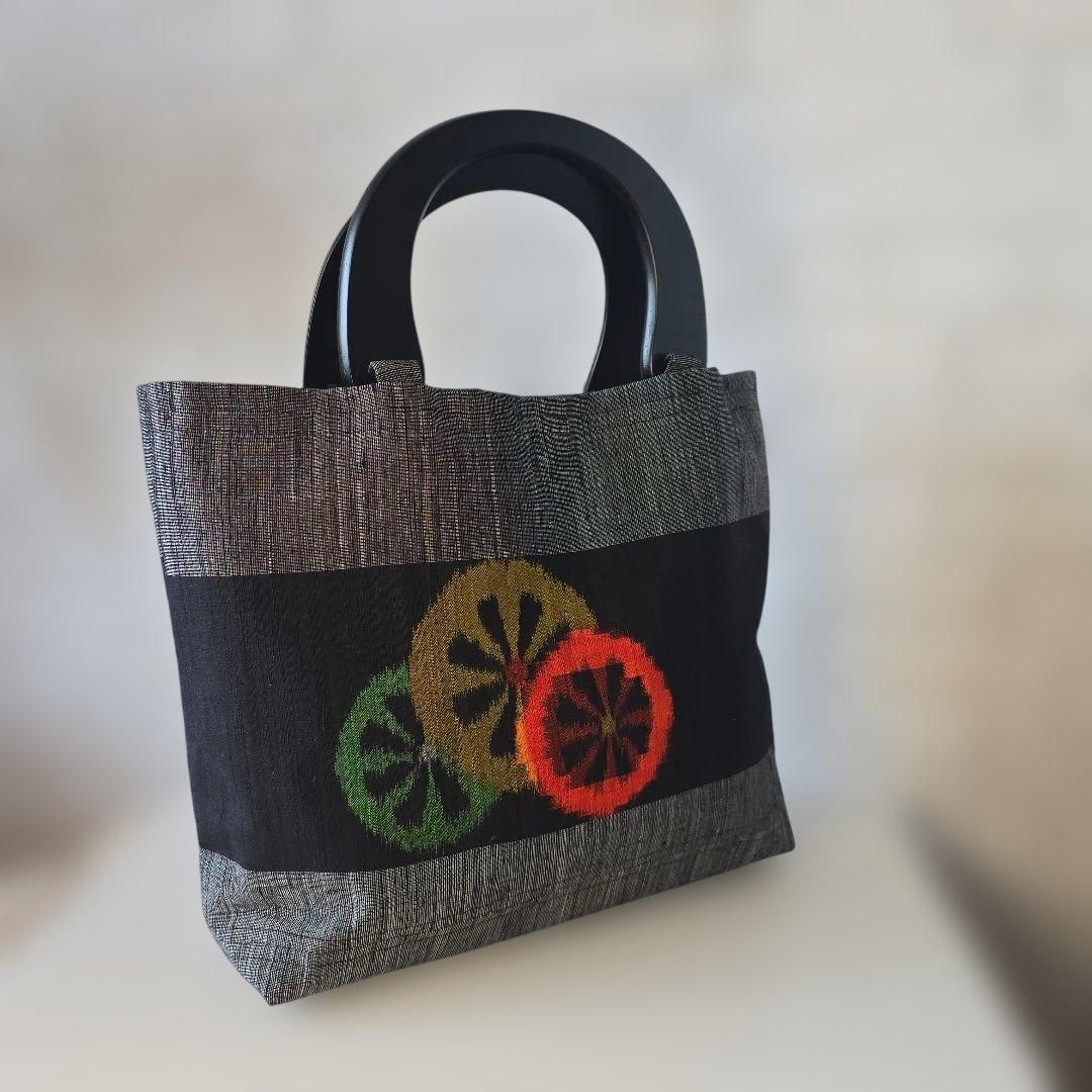 正絹名古屋帯リメイク 持ち手ウッド バッグ㊾