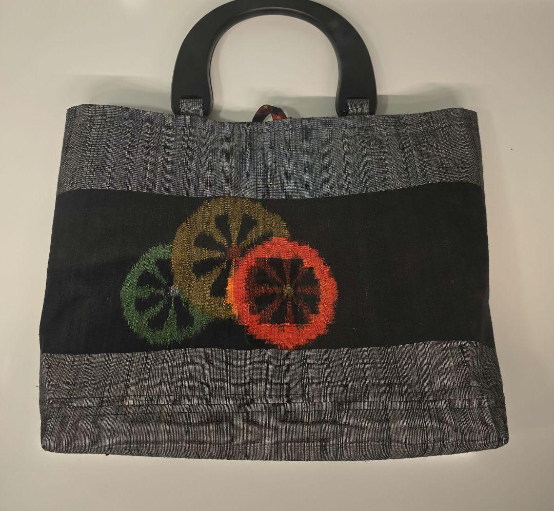 正絹名古屋帯リメイク 持ち手ウッド バッグ㊾