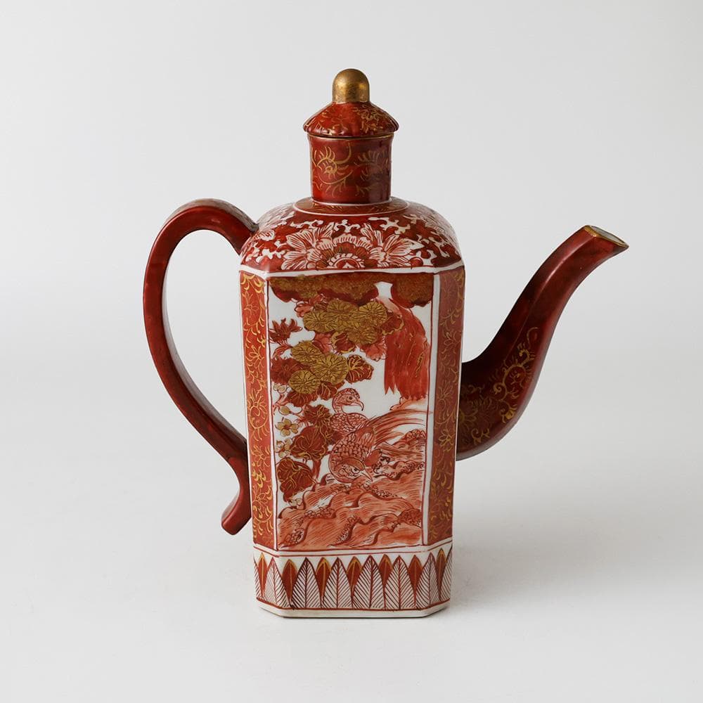 時代年代物 九谷焼 赤絵金彩 唐草 花鳥 楼閣図 水注