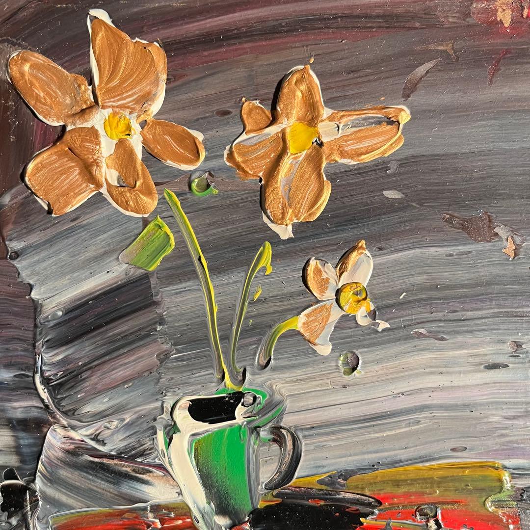 手書き油絵 ゴールドフラワー 額付 絵画 インテリア 油彩画