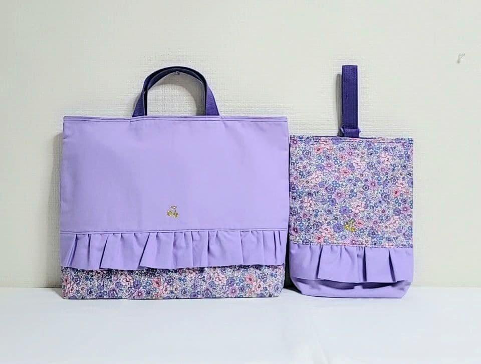 96.入園入学セット　女の子　パープル ラベンダー花柄 フリル付き 5点セッ