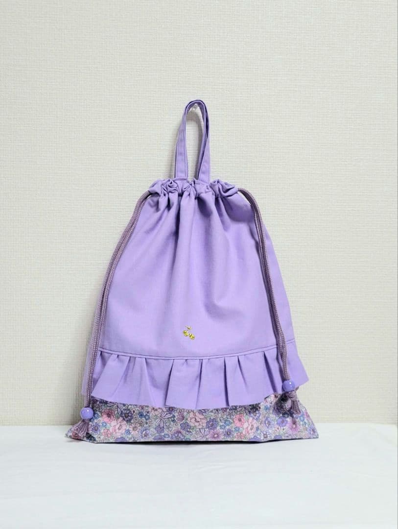 96.入園入学セット　女の子　パープル ラベンダー花柄 フリル付き 5点セッ