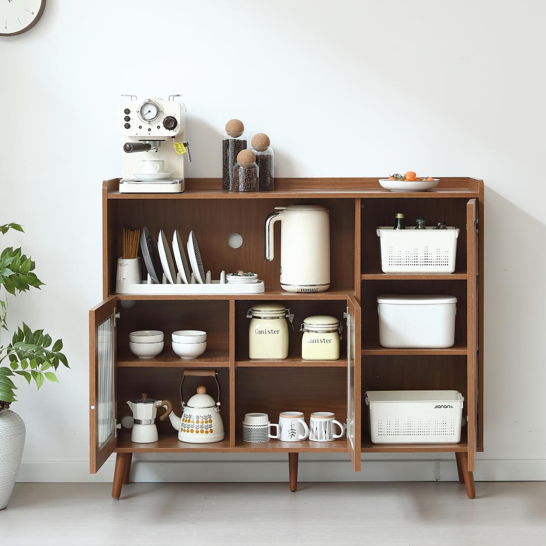 タイムセール！新作のキャビネット　扉付き　食器棚　木目調　BROWN