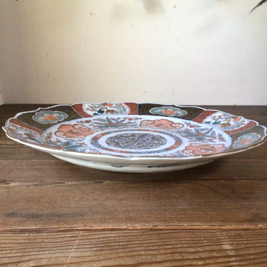 No4177古伊万里　赤絵金彩花鳥文　輪花大皿　直径40.5cm 飾皿　送料無料