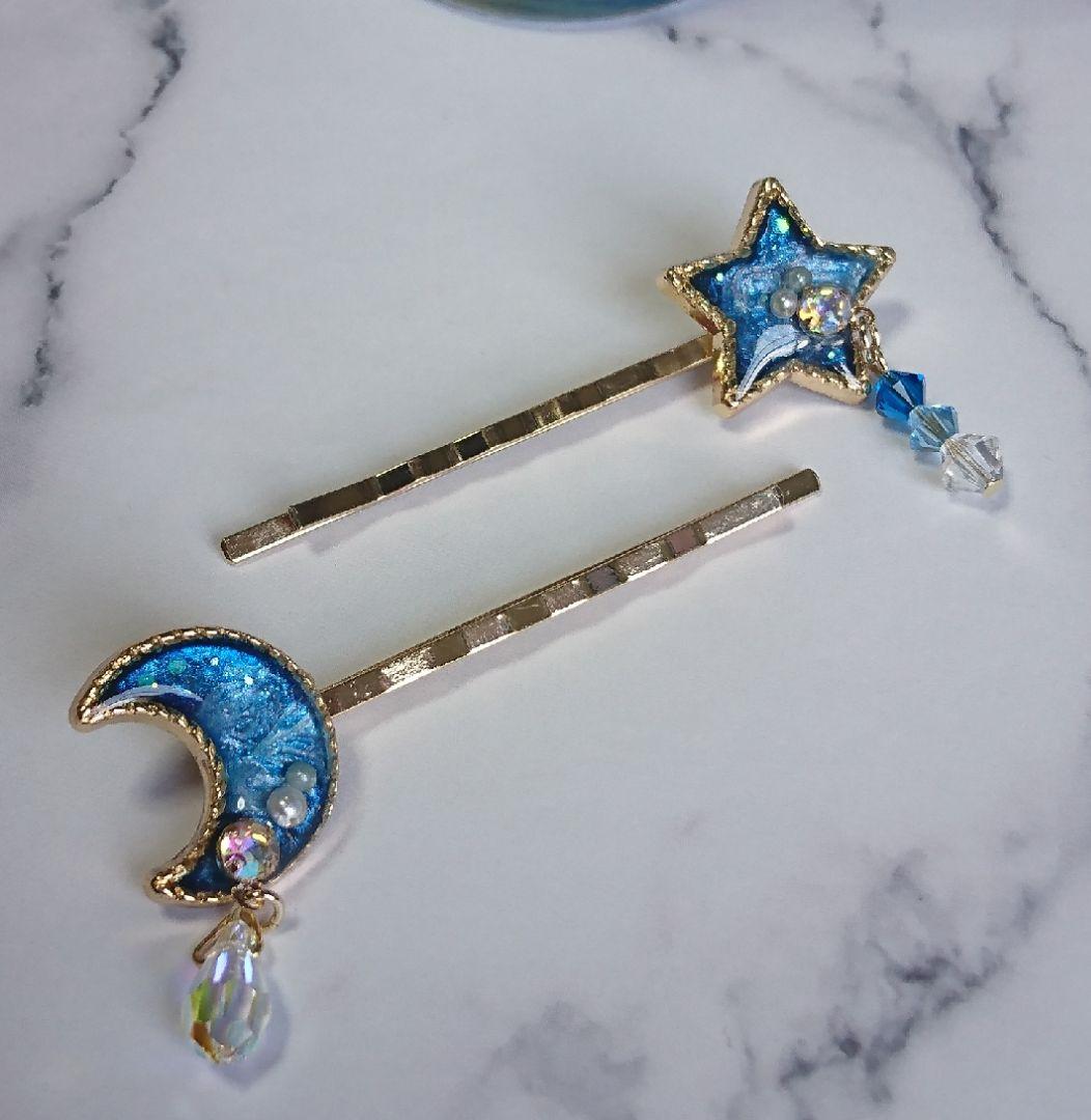 幻想的✩.*˚宇宙塗りビジューヘアゴム＆月と星のヘアピンセット