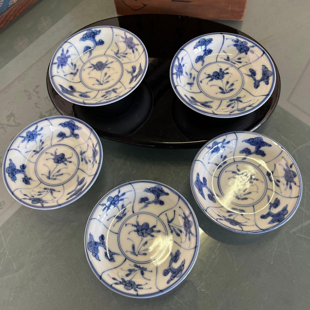 清水焼　加藤雲泉　青華間取花文　突出皿5枚（D）