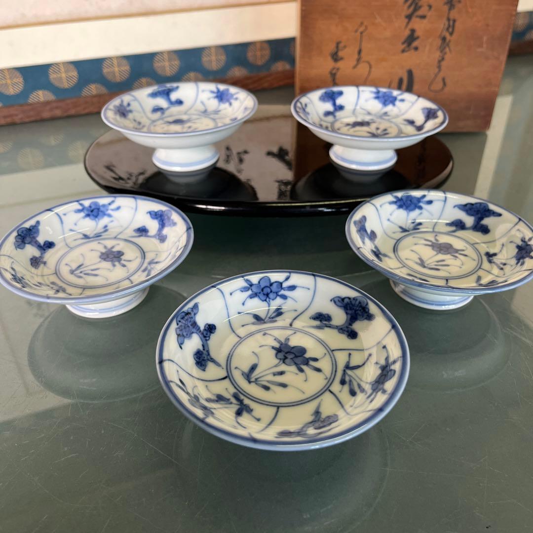 清水焼　加藤雲泉　青華間取花文　突出皿5枚（D）