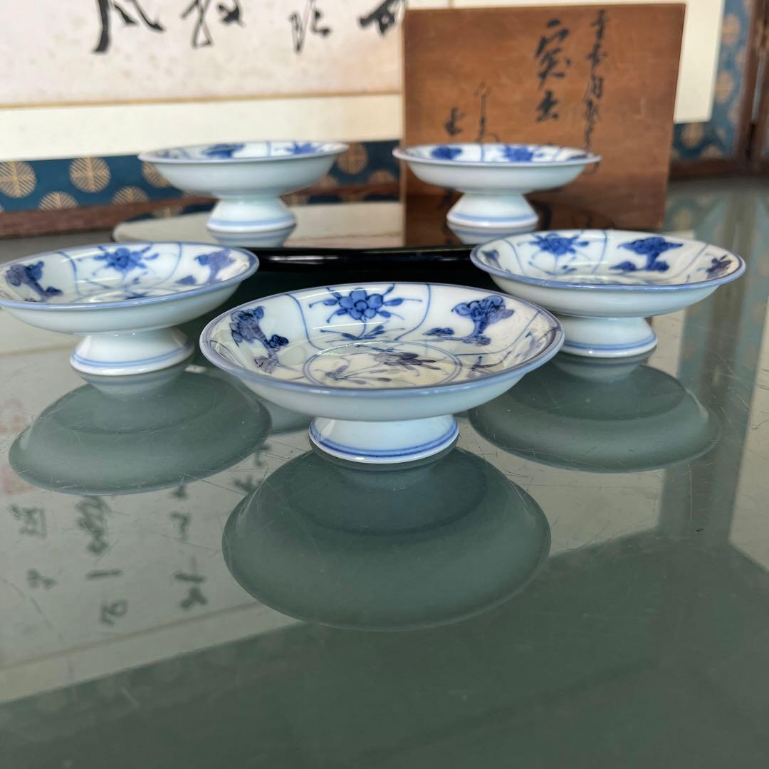 清水焼　加藤雲泉　青華間取花文　突出皿5枚（D）