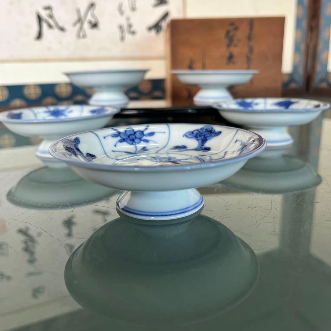 清水焼　加藤雲泉　青華間取花文　突出皿5枚（D）