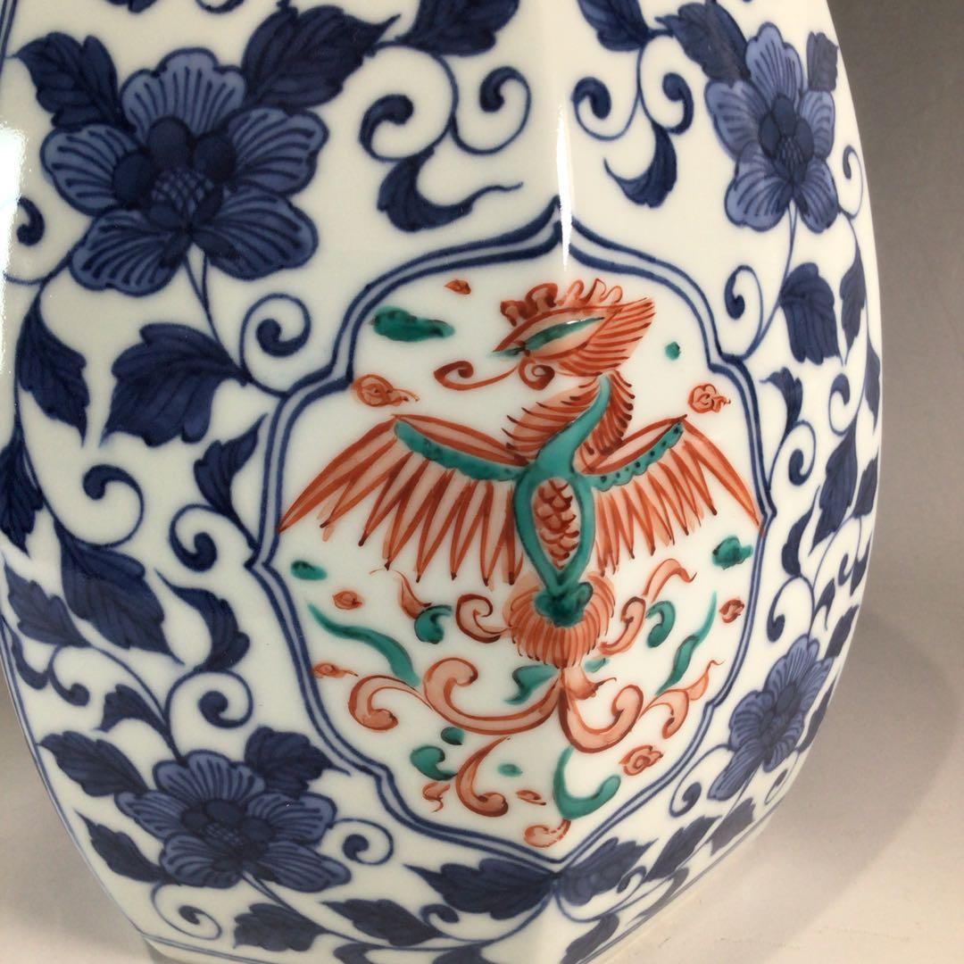 Ｐ３２４　水指　『平安　手塚玉堂造』『染付赤絵』『六角水指』　共箱　茶道具