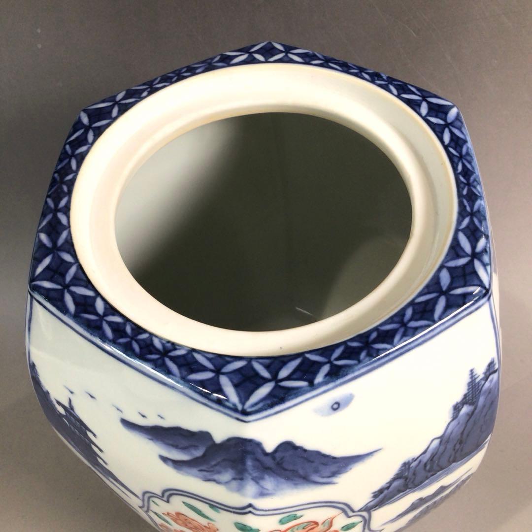 Ｐ３２４　水指　『平安　手塚玉堂造』『染付赤絵』『六角水指』　共箱　茶道具