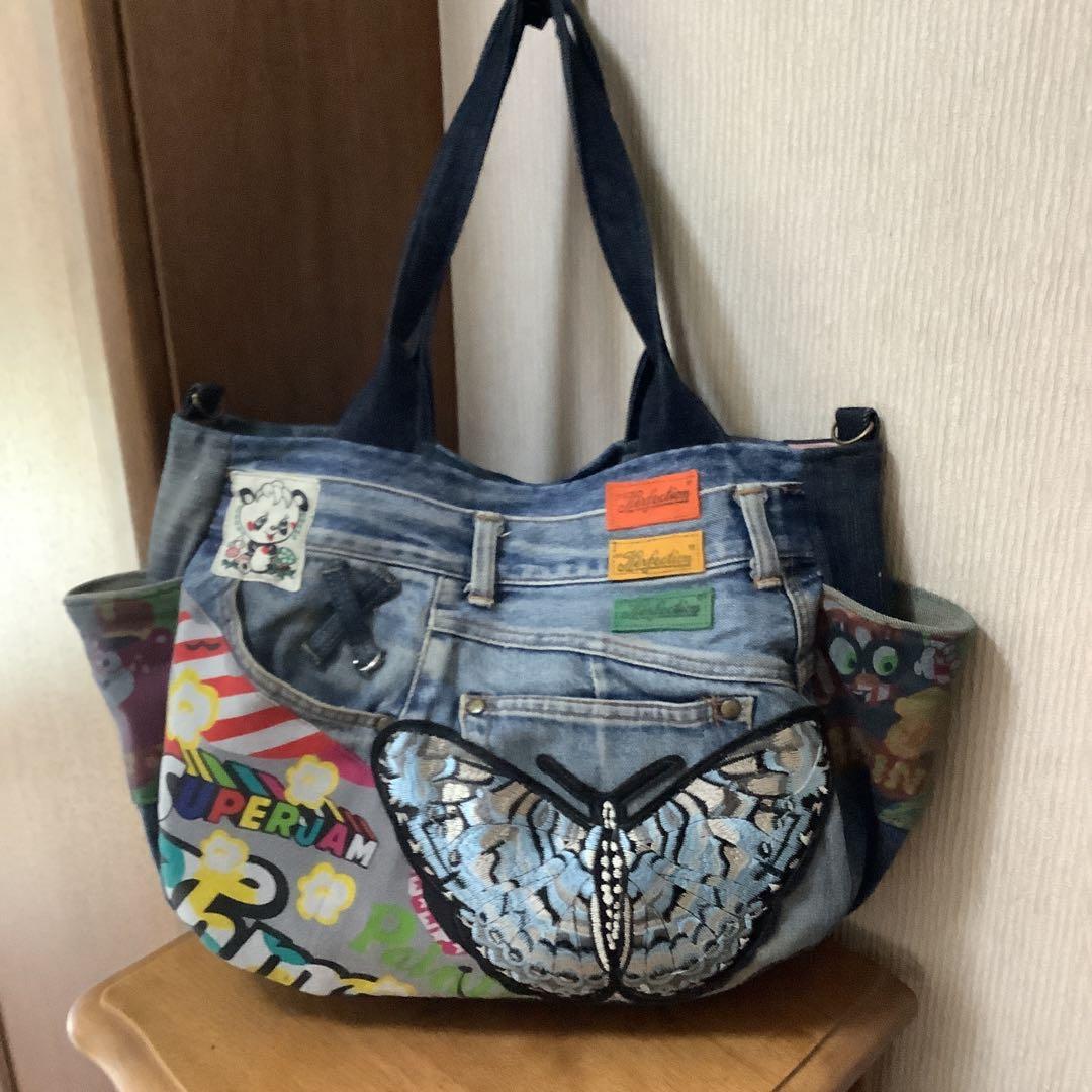ハンドメイド　リメイクデニム　トートバッグ　肩掛け可能　 L L