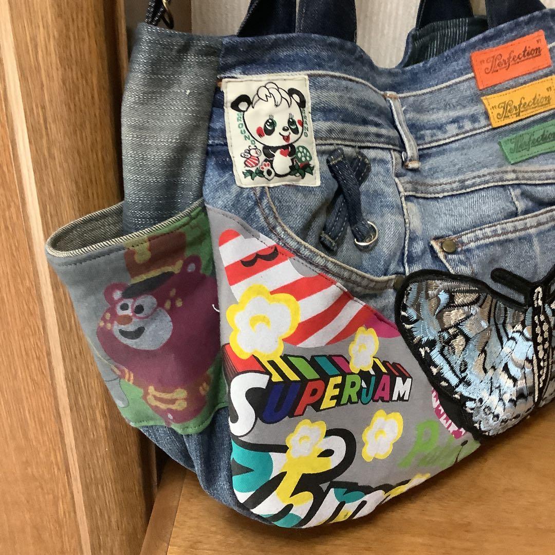 ハンドメイド　リメイクデニム　トートバッグ　肩掛け可能　 L L