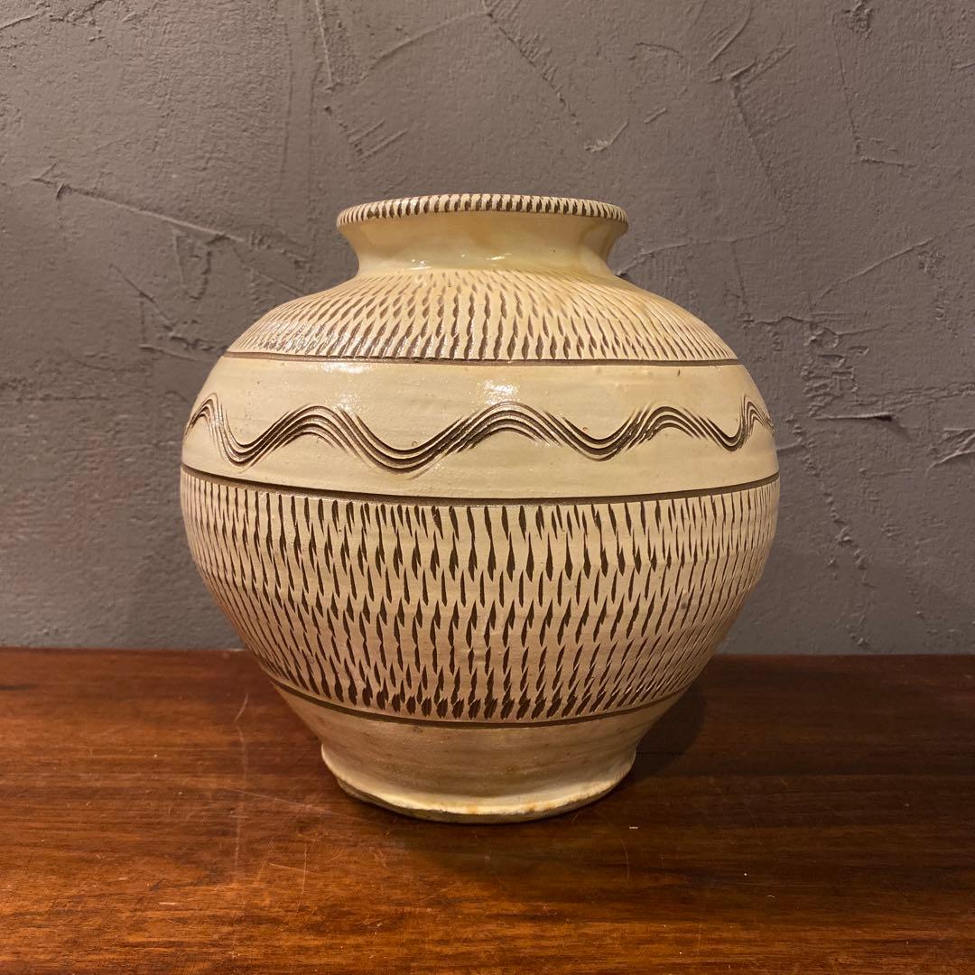 時代物 小鹿田焼 飛び鉋 花器 壺 フラワーベース アート 骨董品 アンティーク