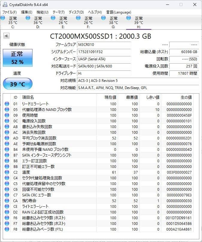 crucial 2.5インチ 2TB SSD MX500 SATA 17807H