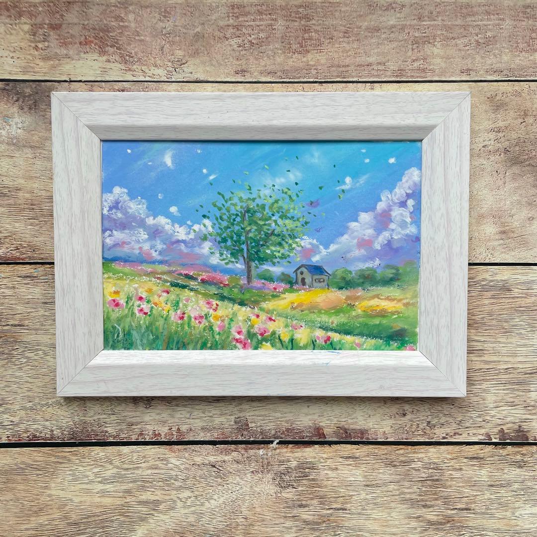 オイルパステル画　アクリル画　初夏の空と花咲く風景　風景画　ご予約品