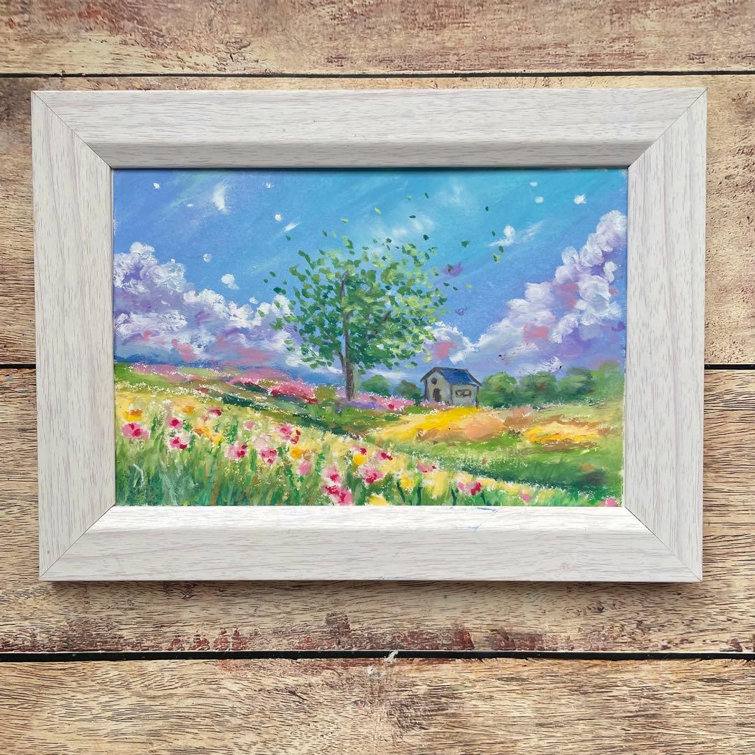 オイルパステル画　アクリル画　初夏の空と花咲く風景　風景画　ご予約品