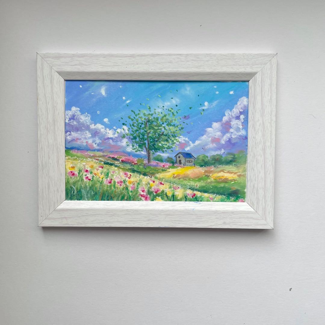 オイルパステル画　アクリル画　初夏の空と花咲く風景　風景画　ご予約品