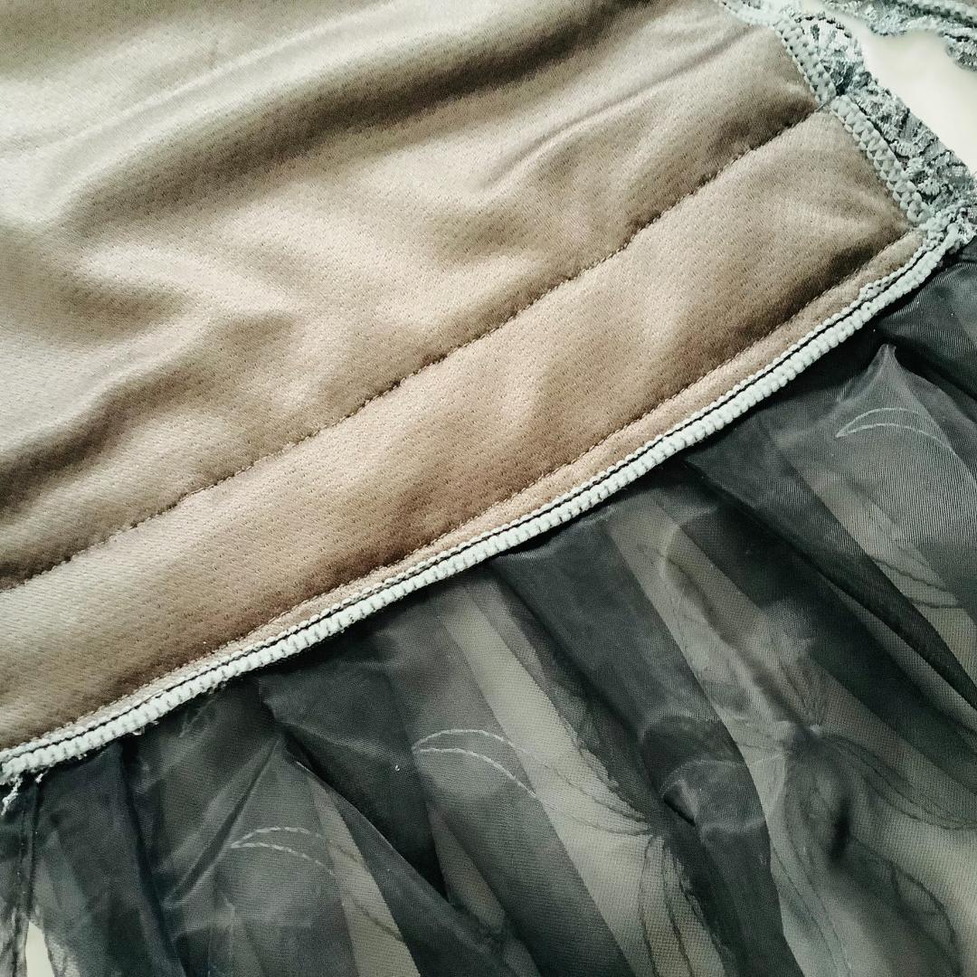 １点のみ　総レースクールタオル　ストール　２段ギャザーレース　グレー&ブラック