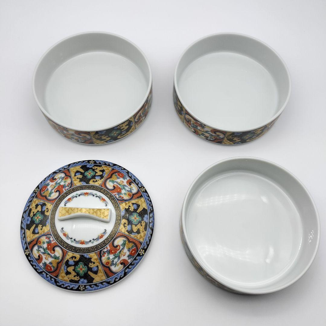 有田焼　明国窯　三段重　重ね鉢　陶磁器　中鉢　花紋　花鳥　金彩　お節　和食器
