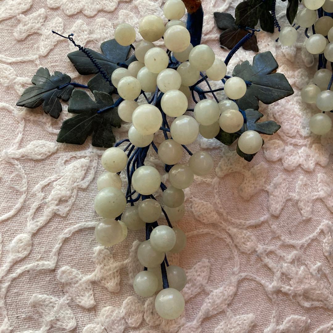 ヴィンテージ中国グリーン翡翠ブドウ彫刻翡翠葉アールデコ フェイクフルーツ