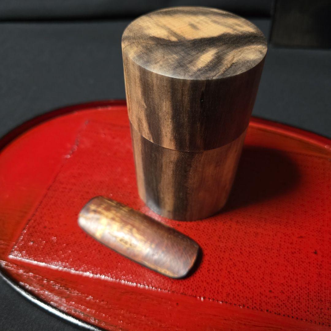 黒柿 茶筒 総黒柿 オマケ 桜皮細工 茶匙