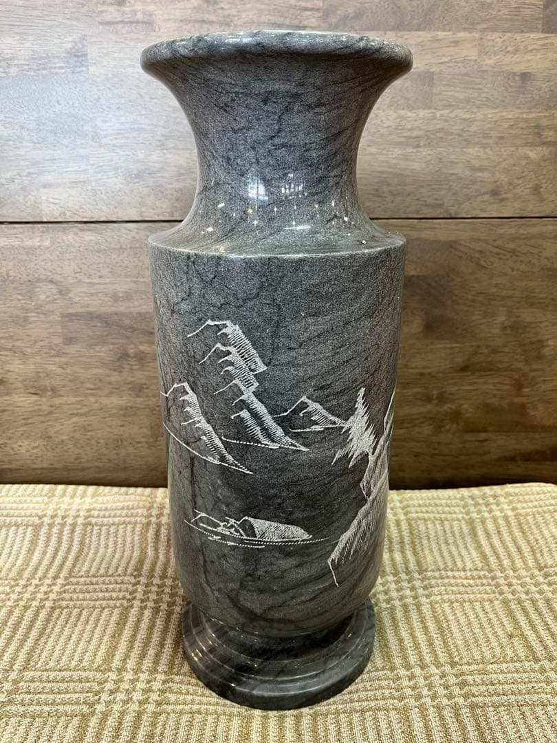 【中古品】大理石 壺 花瓶 彫刻 山水画 骨董品 レトロ 古民具 工芸品