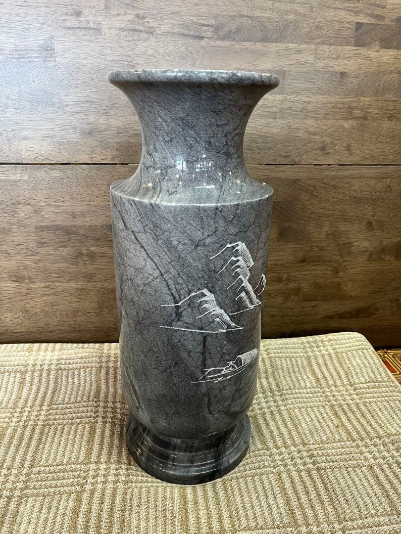 【中古品】大理石 壺 花瓶 彫刻 山水画 骨董品 レトロ 古民具 工芸品
