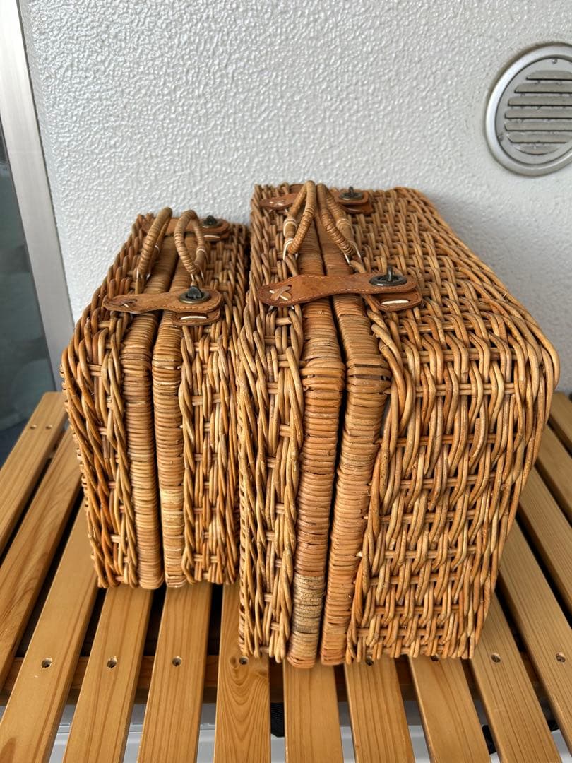 皮付きラタン トランクバスケット 2個セット（籐かご ピクニックバスケット）