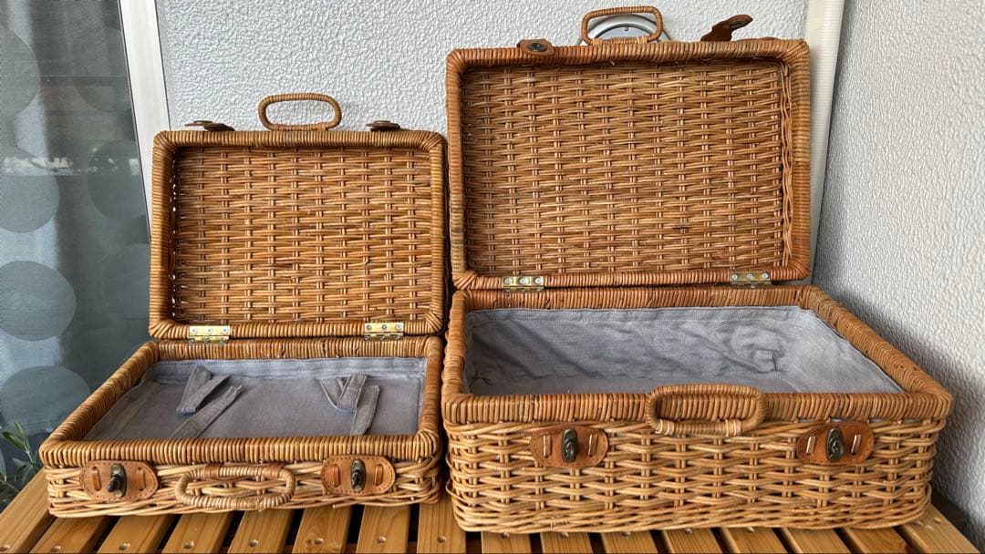 皮付きラタン トランクバスケット 2個セット（籐かご ピクニックバスケット）