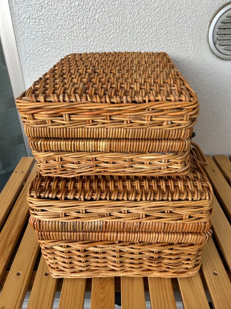 皮付きラタン トランクバスケット 2個セット（籐かご ピクニックバスケット）