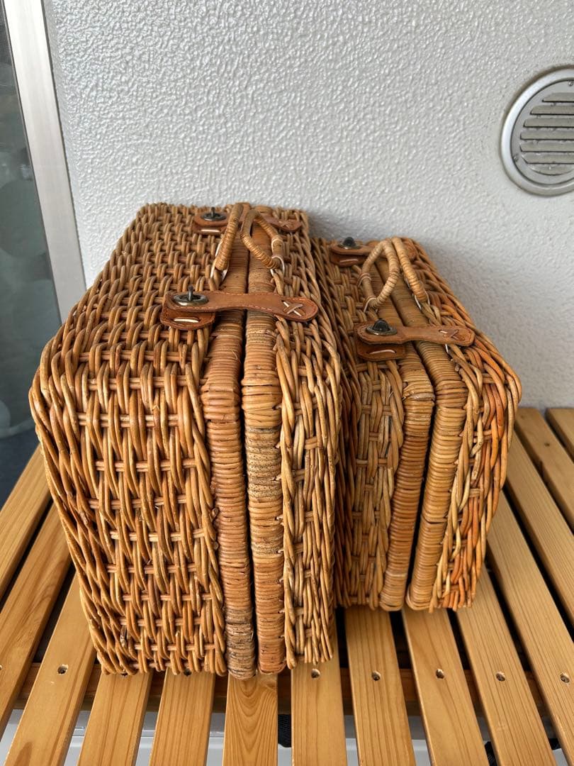 皮付きラタン トランクバスケット 2個セット（籐かご ピクニックバスケット）