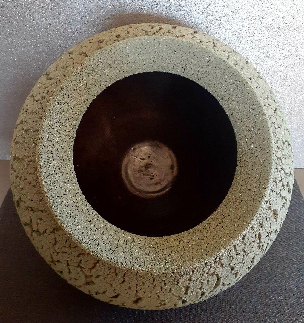 益子焼　【河原建雄】作　松皮紋　苔釉　大壺　花入れ　花瓶　共箱　陶歴書　オブジェ