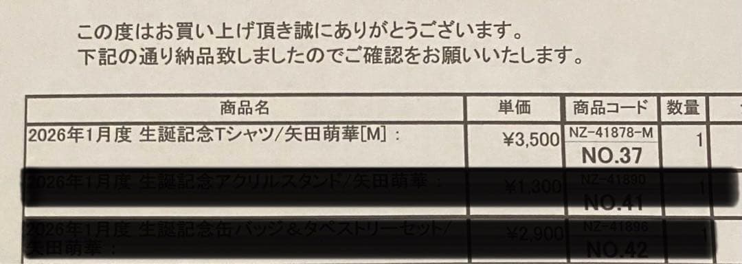 矢田萌華２０２６年１月度生誕記念セット 【未開封品】 ＴシャツM他