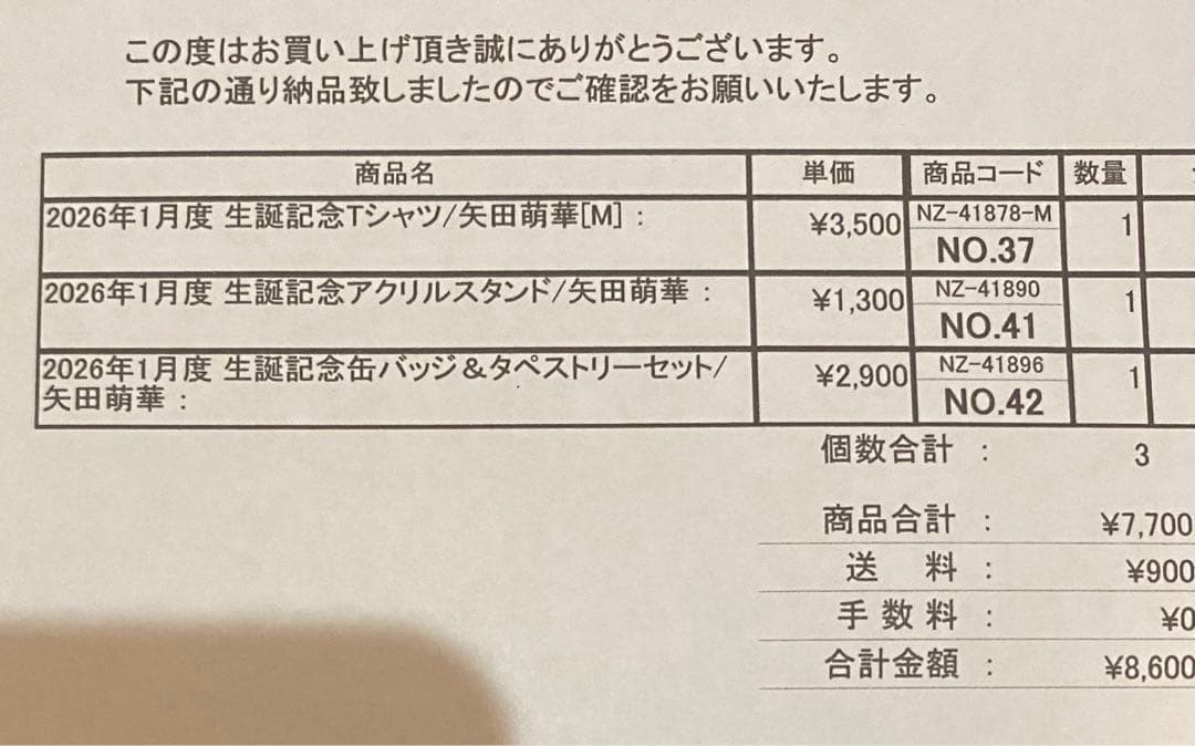 矢田萌華２０２６年１月度生誕記念セット 【未開封品】 ＴシャツM他