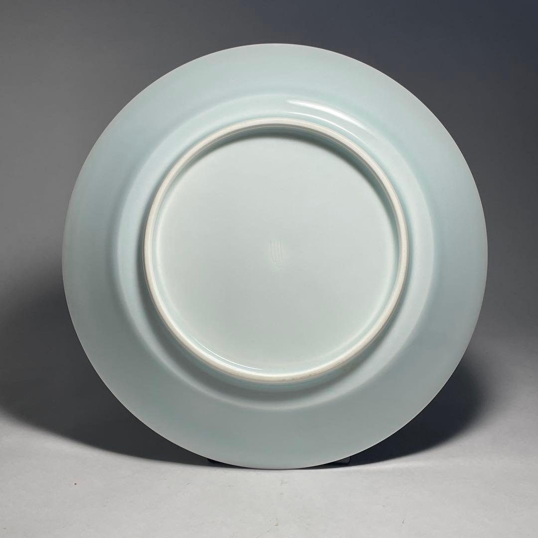 ◆名品 人間国宝 塚本快示 快山窯 青白磁鷺草文皿 共箱・共布付き◆