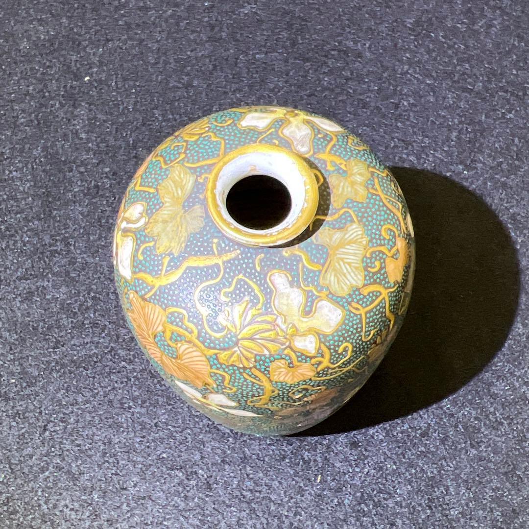 時代九谷焼　青粒手極上金彩花入　木箱付　高11.3㎝東Y7-0502⭐︎2Fトヒエ