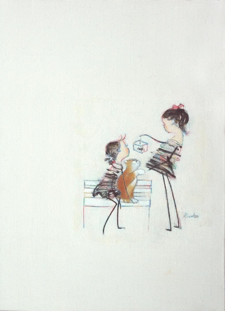 油絵 菅家令子絵 絵画インテリア額付(青緑＋金色の枠)F4-030219猫犬女子