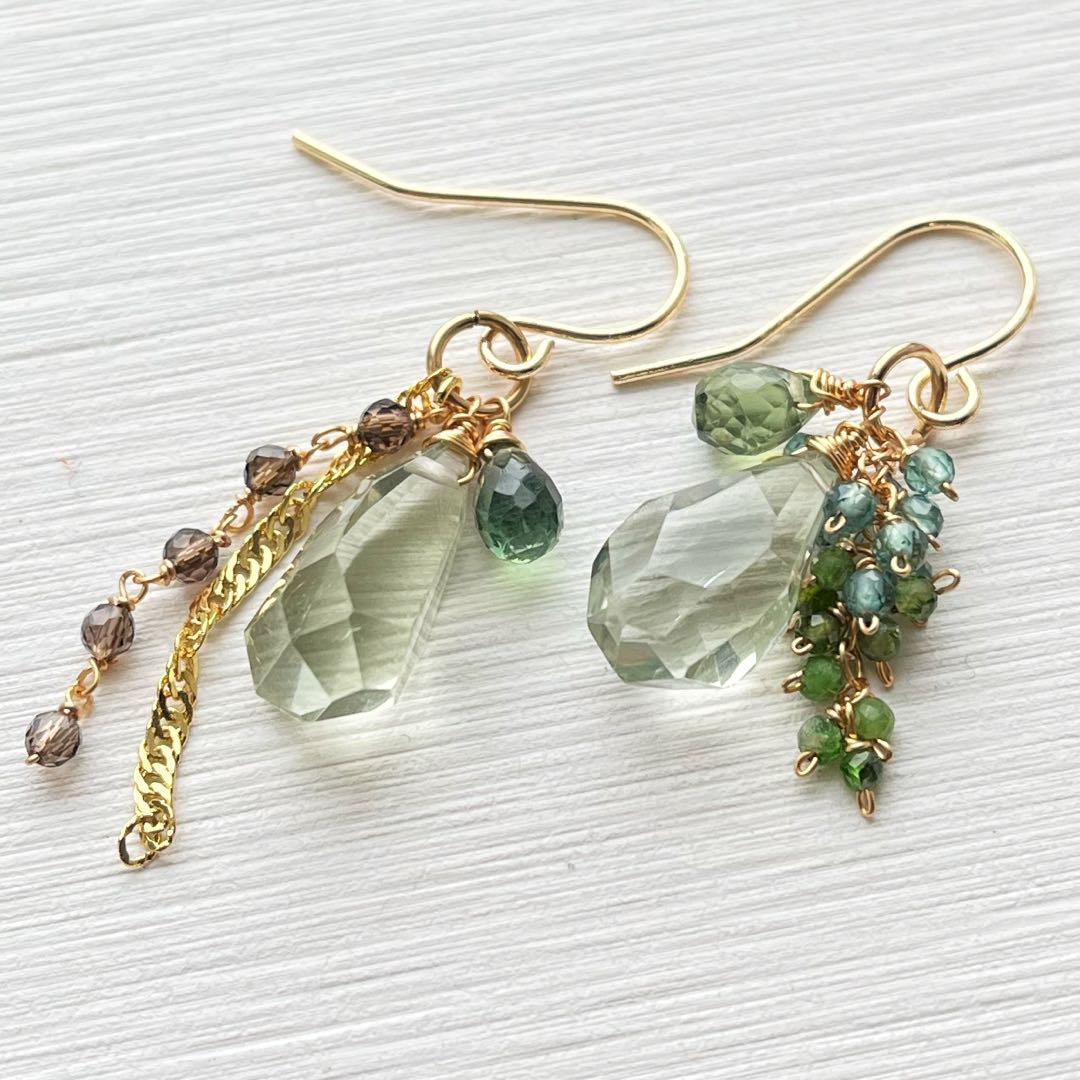 1527 グリーンアメジストの大粒ピアス　14kgf