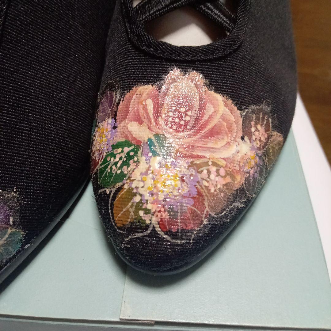 黒の花柄刺繍フラットシューズ　トールペインティング　23センチ　EEE ブラック